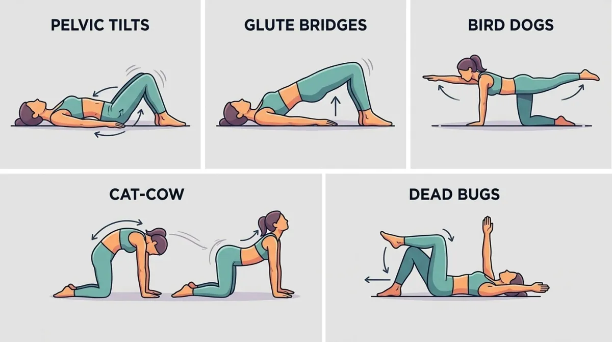 Illustrations of five exercises for low back pain: pelvic tilts, glute bridges, bird dogs, cat-cow and dead bugs